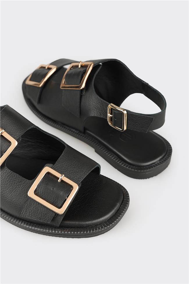 Siyah Deri Kadın Sandalet