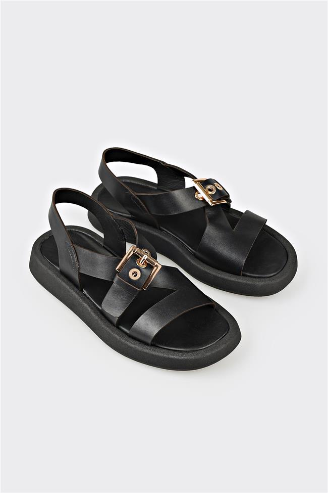Siyah Deri Kadın Sandalet