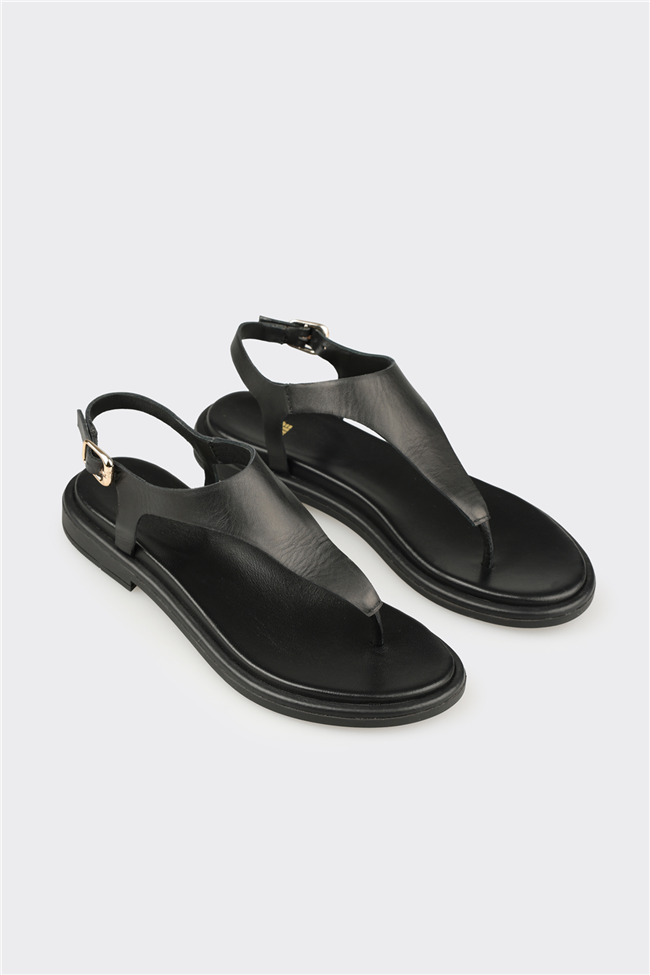 Siyah Deri Kadın Sandalet