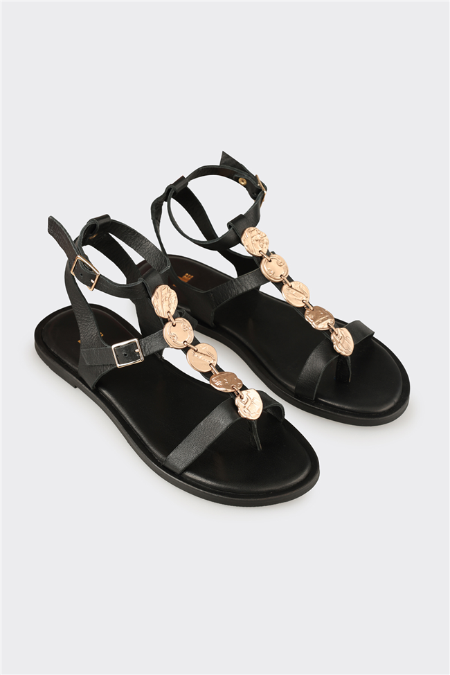 Siyah Deri Kadın Sandalet