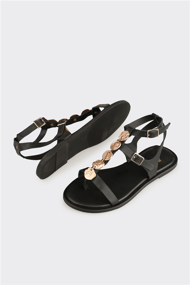 Siyah Deri Kadın Sandalet