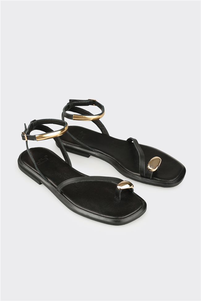 Siyah Deri Kadın Sandalet