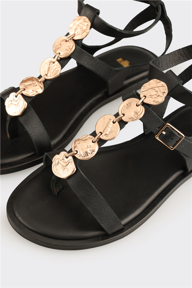 Siyah Deri Kadın Sandalet