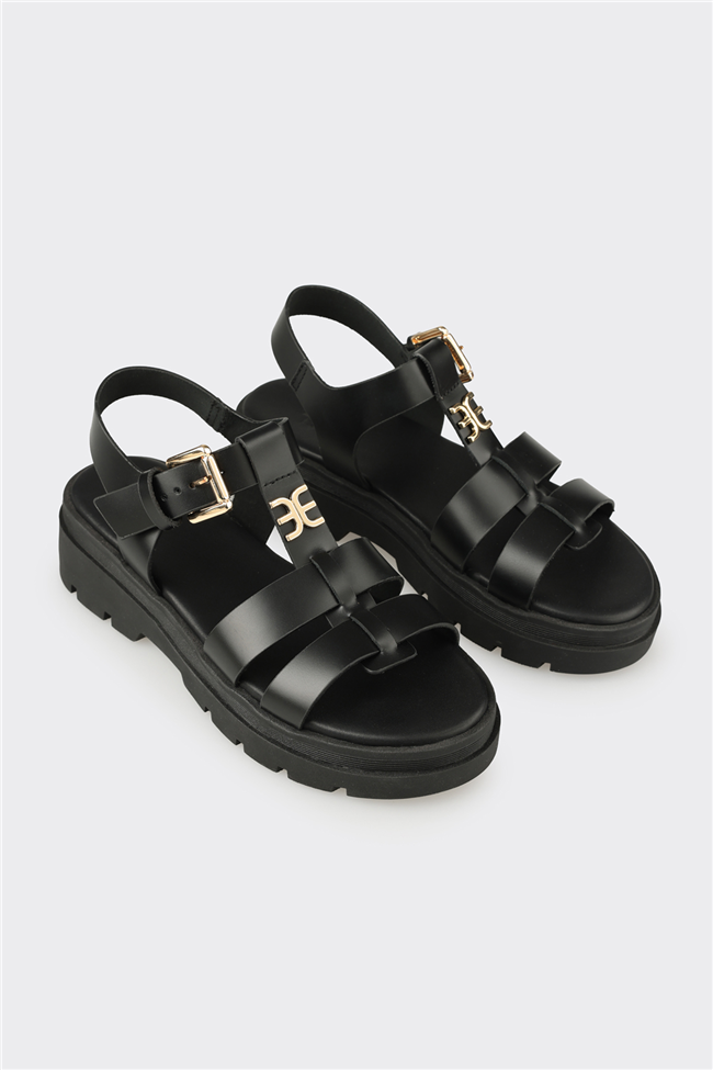 Siyah Deri Kadın Sandalet