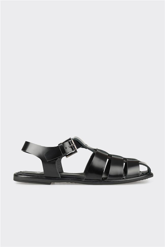 Siyah Deri Kadın Sandalet