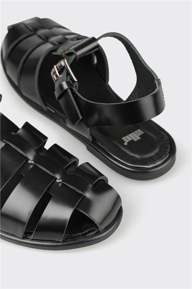 Siyah Deri Kadın Sandalet