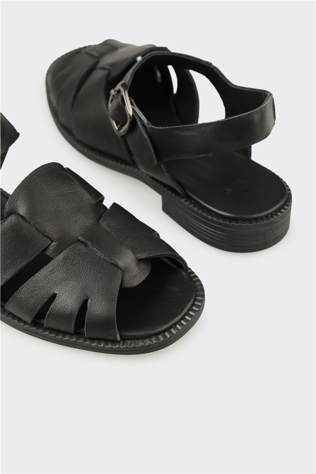 Siyah Deri Kadın Sandalet