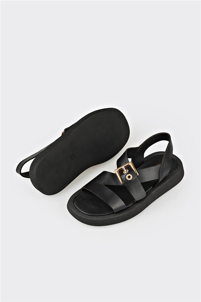 Siyah Deri Kadın Sandalet