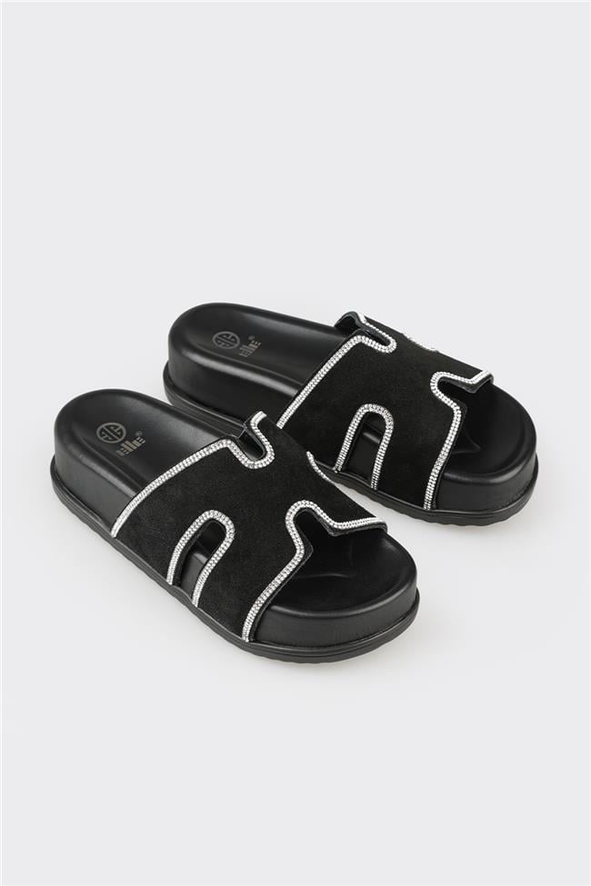 Siyah Deri Kadın Spor Terlik