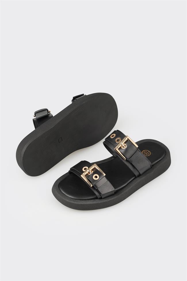 Siyah Deri Kadın Spor Terlik