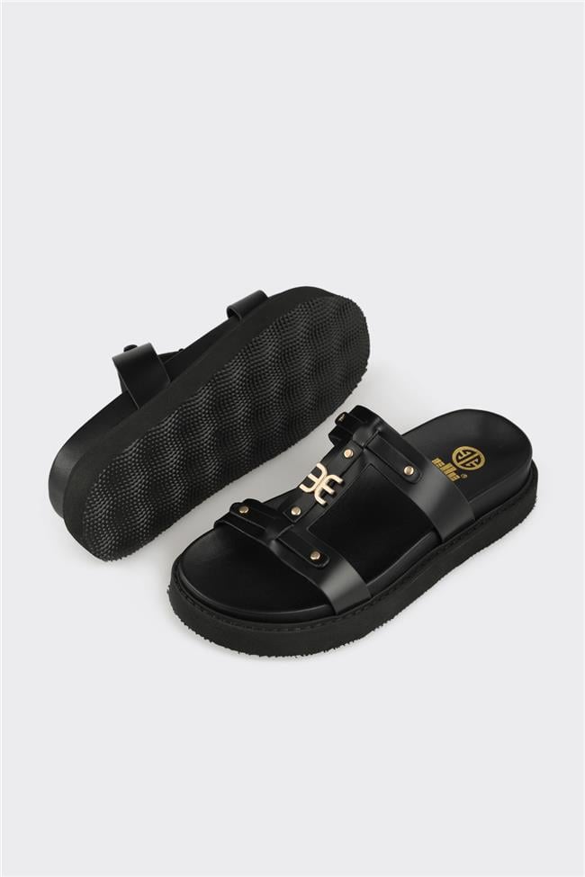 Siyah Deri Kadın Spor Terlik