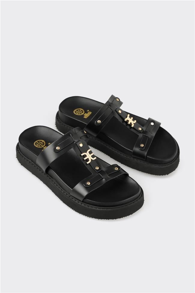 Siyah Deri Kadın Spor Terlik