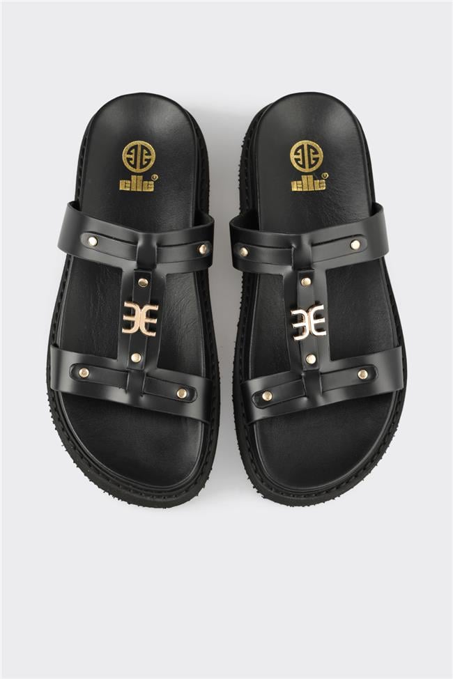 Siyah Deri Kadın Spor Terlik