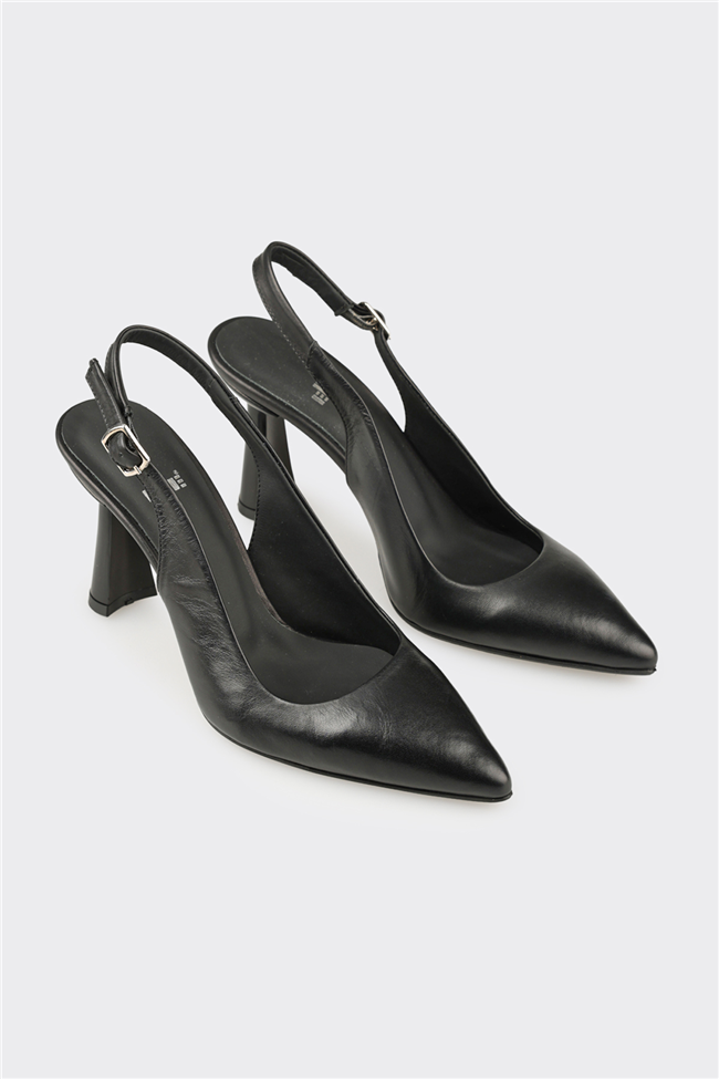 Siyah Deri Kadın Topuklu Ayakkabı