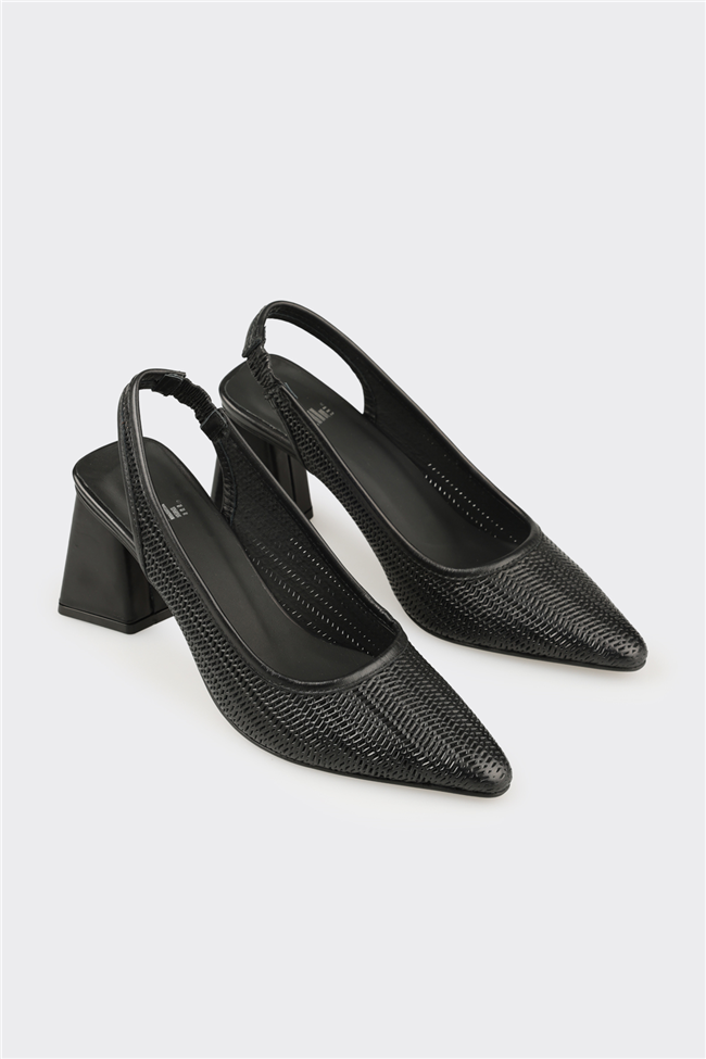 Siyah Deri Kadın Topuklu Ayakkabı