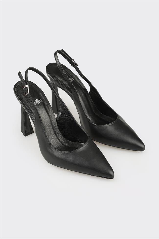 Siyah Deri Kadın Topuklu Ayakkabı