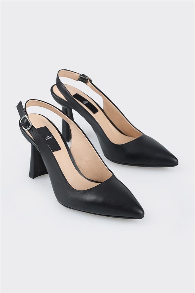 Siyah Deri Kadın Topuklu Ayakkabı