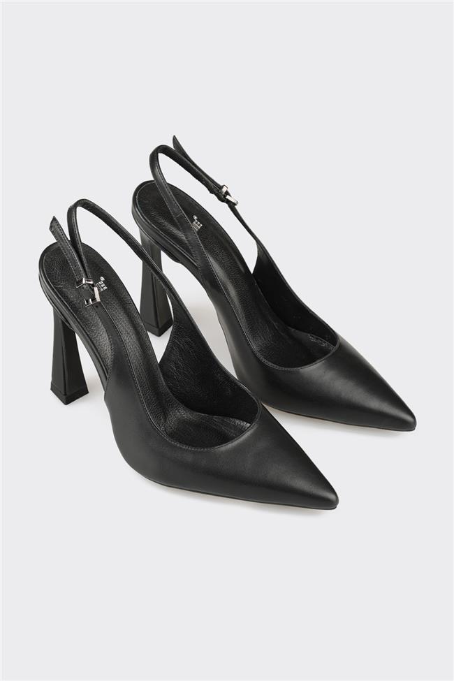 Siyah Deri Kadın Topuklu Ayakkabı