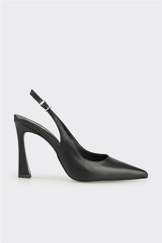 Siyah Deri Kadın Topuklu Ayakkabı