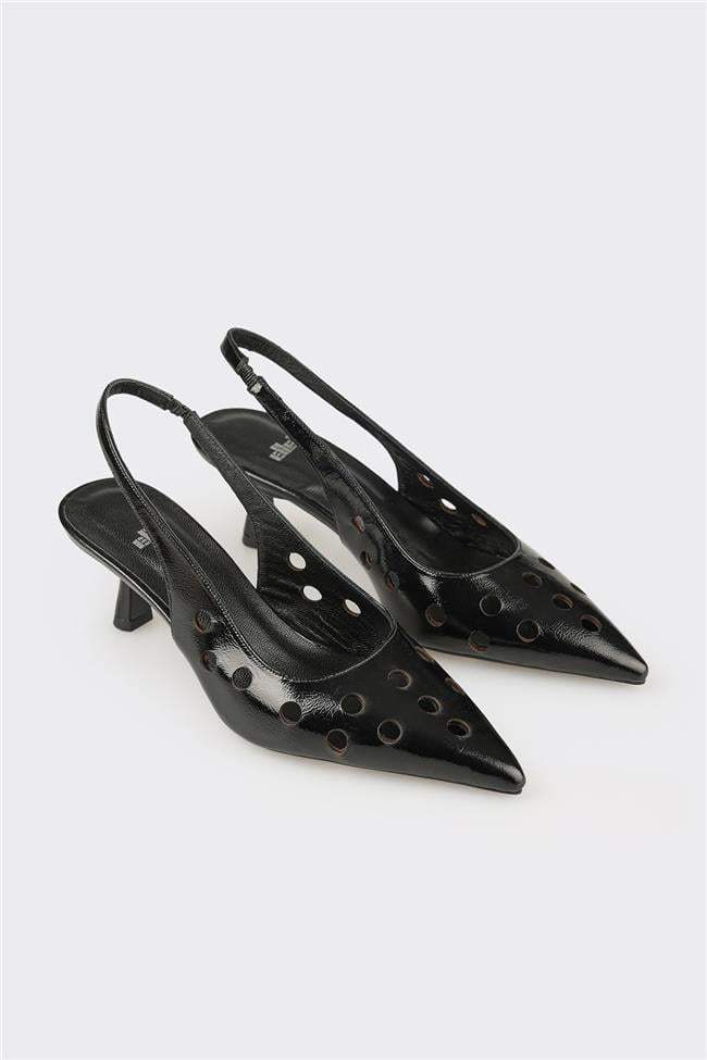 Siyah Deri Kadın Topuklu Ayakkabı