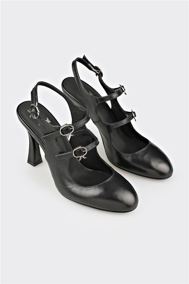 Siyah Deri Kadın Topuklu Ayakkabı
