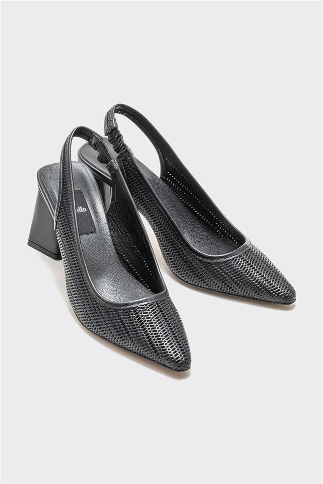 Siyah Deri Kadın Topuklu Ayakkabı