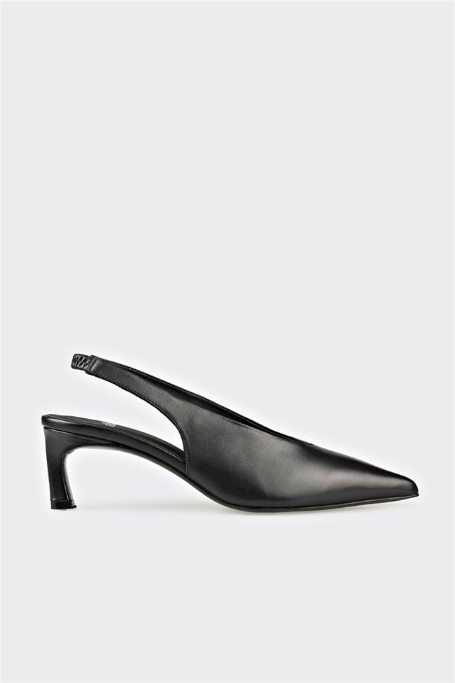 Siyah Deri Kadın Topuklu Ayakkabı