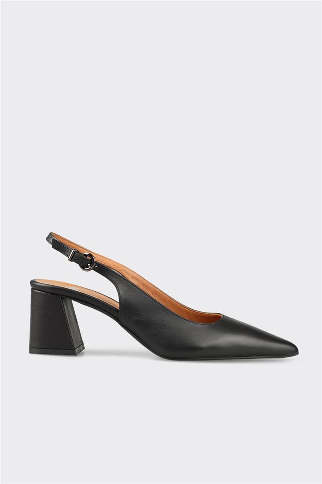 Siyah Deri Kadın Topuklu Ayakkabı