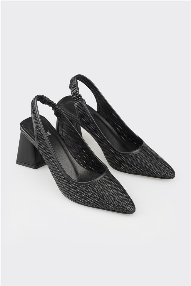 Siyah Deri Kadın Topuklu Ayakkabı