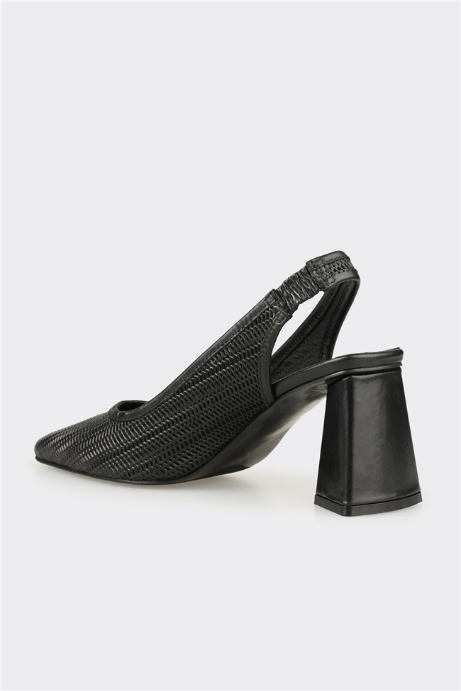 Siyah Deri Kadın Topuklu Ayakkabı