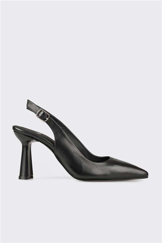 Siyah Deri Kadın Topuklu Ayakkabı