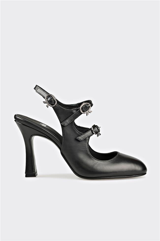 Siyah Deri Kadın Topuklu Ayakkabı