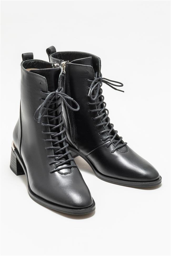 Siyah Deri Kadın Topuklu Bot