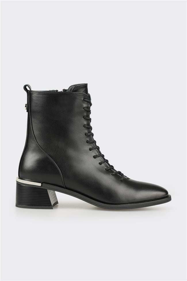 Siyah Deri Kadın Topuklu Bot