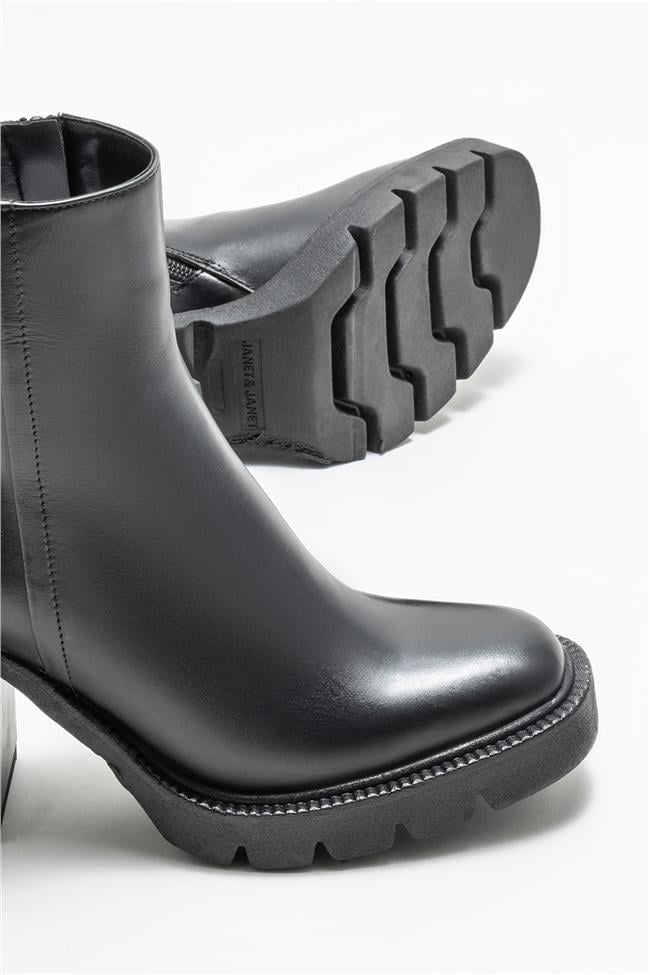 Siyah Deri Kadın Topuklu Bot