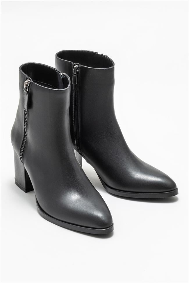 Siyah Deri Kadın Topuklu Bot