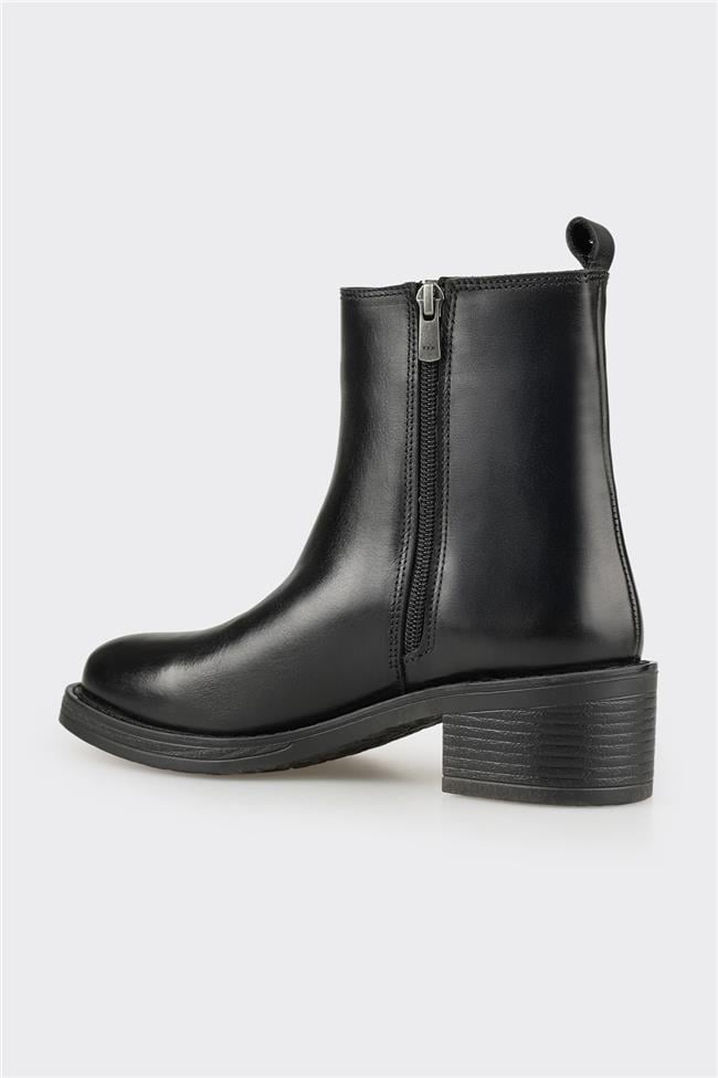 Siyah Deri Kadın Topuklu Bot