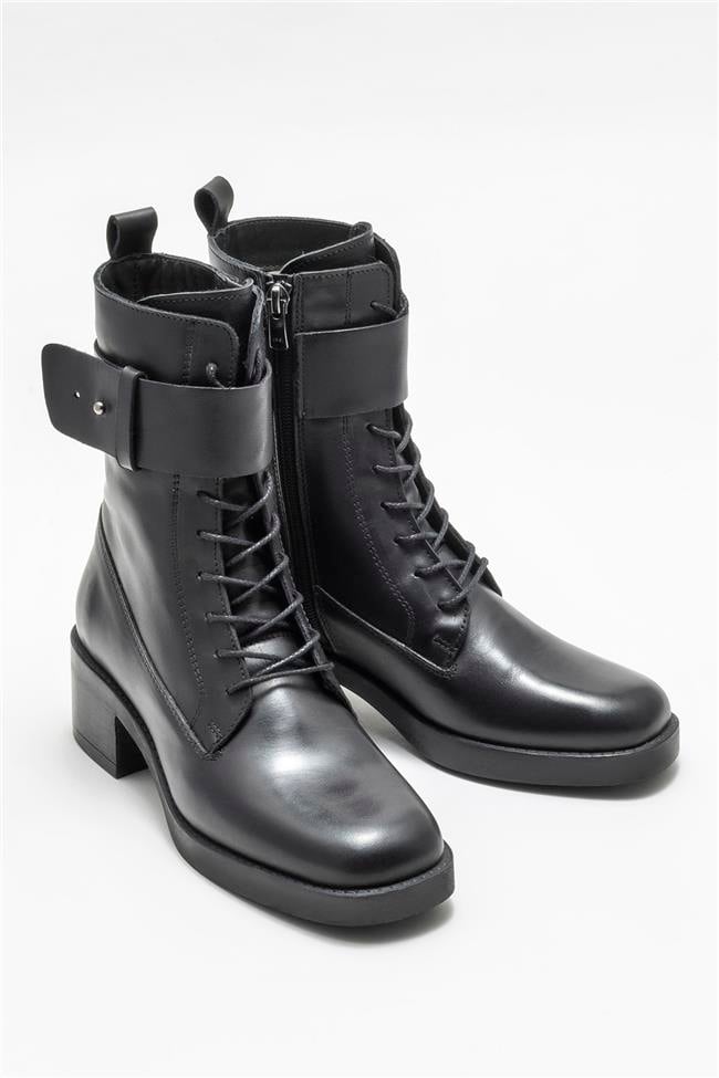 Siyah Deri Kadın Topuklu Bot