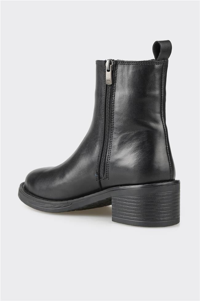 Siyah Deri Kadın Topuklu Bot