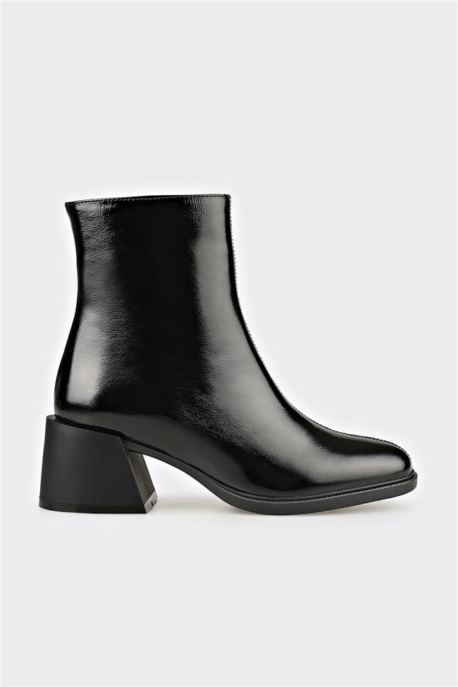 Siyah Deri Kadın Topuklu Bot