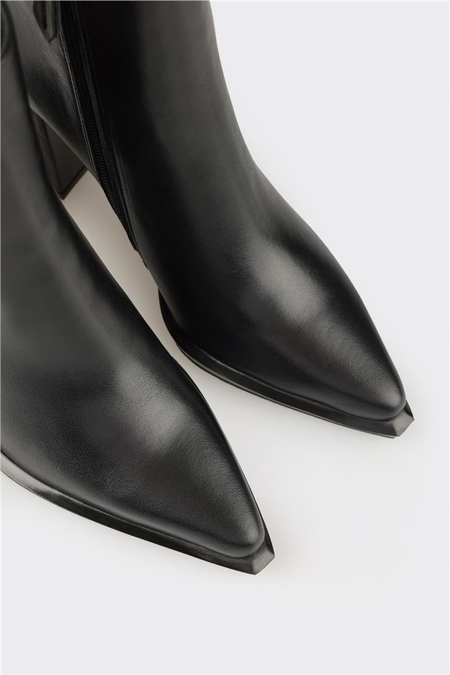 Siyah Deri Kadın Topuklu Bot