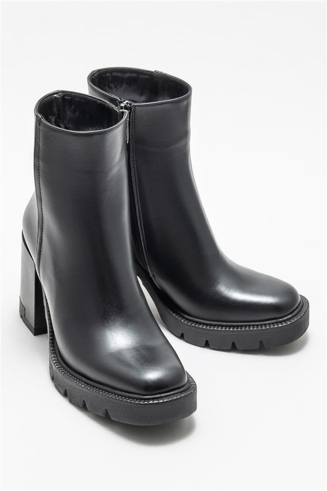 Siyah Deri Kadın Topuklu Bot