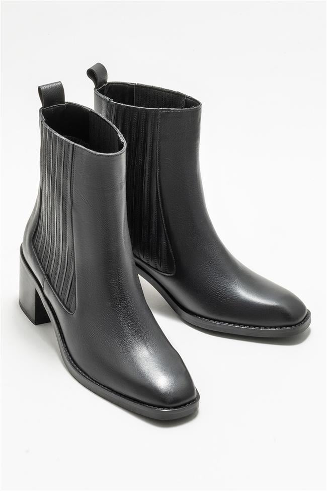 Siyah Deri Kadın Topuklu Bot