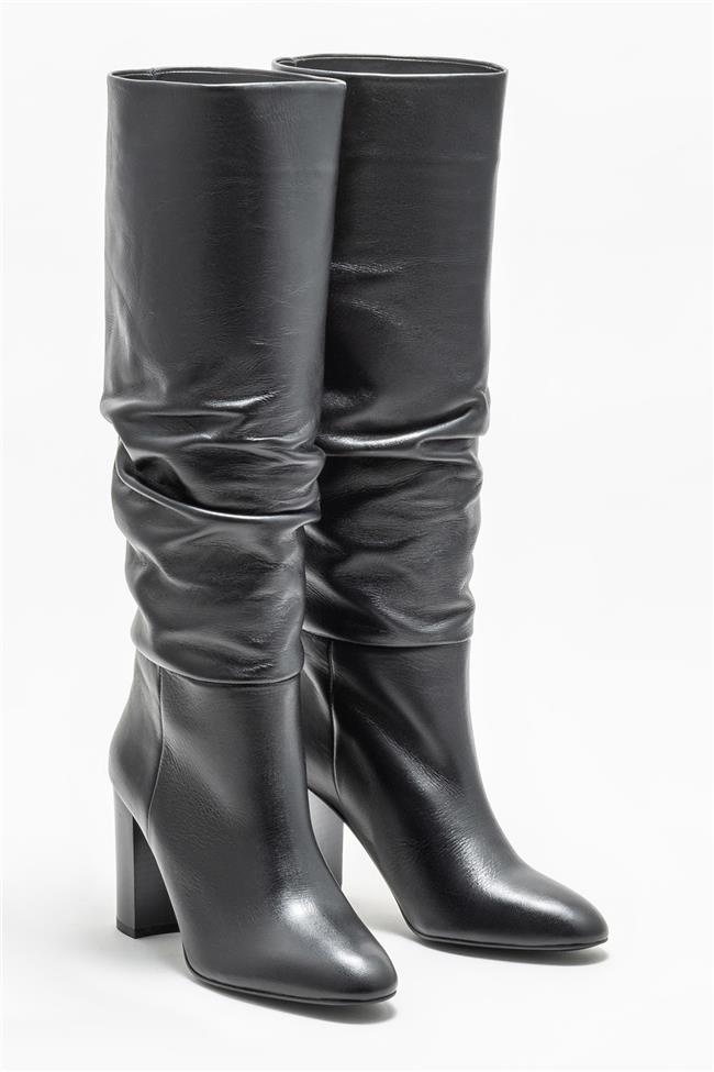 Siyah Deri Kadın Topuklu Çizme