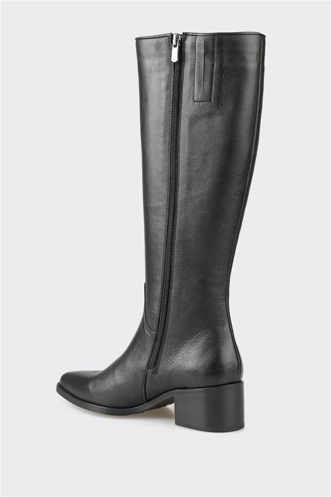 Siyah Deri Kadın Topuklu Çizme