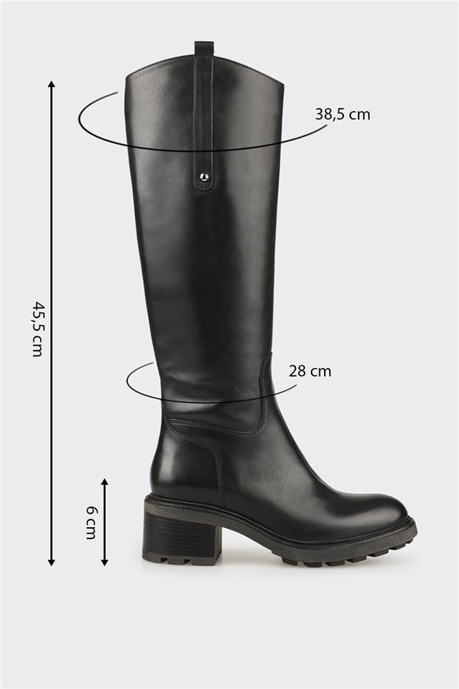 Siyah Deri Kadın Topuklu Çizme