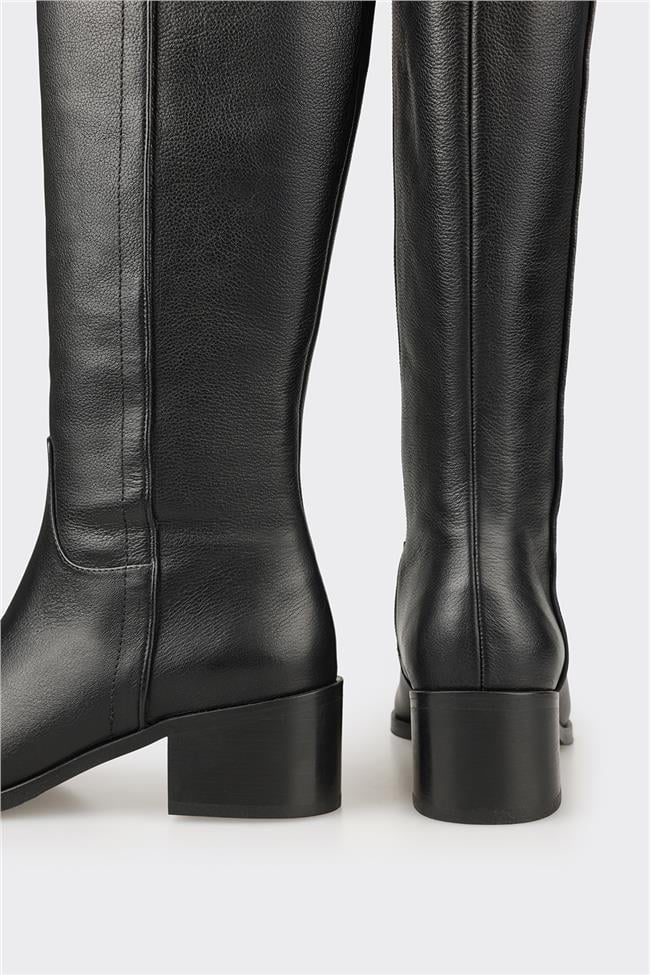 Siyah Deri Kadın Topuklu Çizme