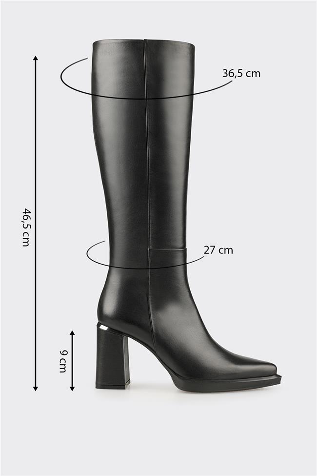 Siyah Deri Kadın Topuklu Çizme