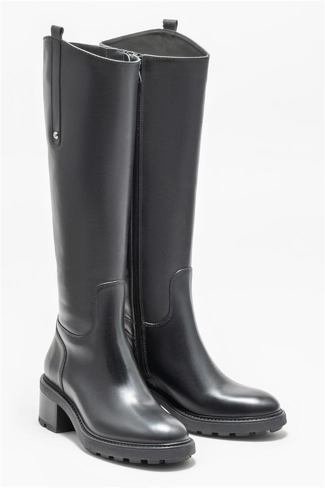 Siyah Deri Kadın Topuklu Çizme