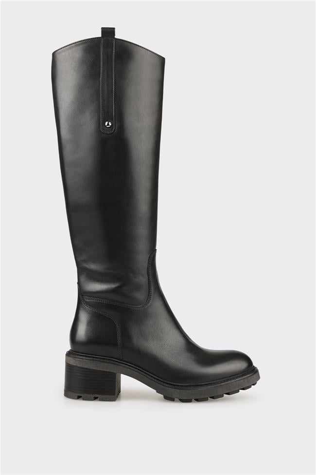 Siyah Deri Kadın Topuklu Çizme